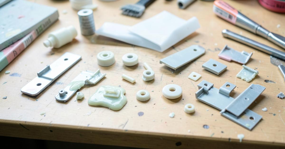 Aluminium onderdelen laten behandelen — diverse gelakte metalen en kunststof onderdelen op een werkbank
