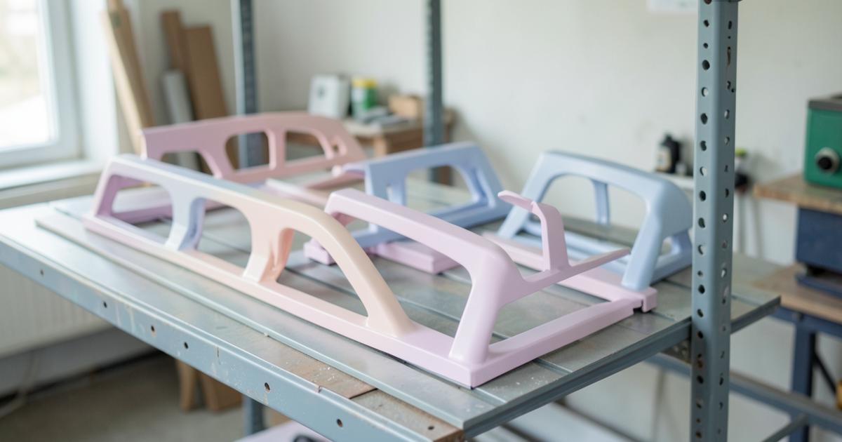 Behuizingen laten behandelen — gecoate machineonderdelen en frames op een rek