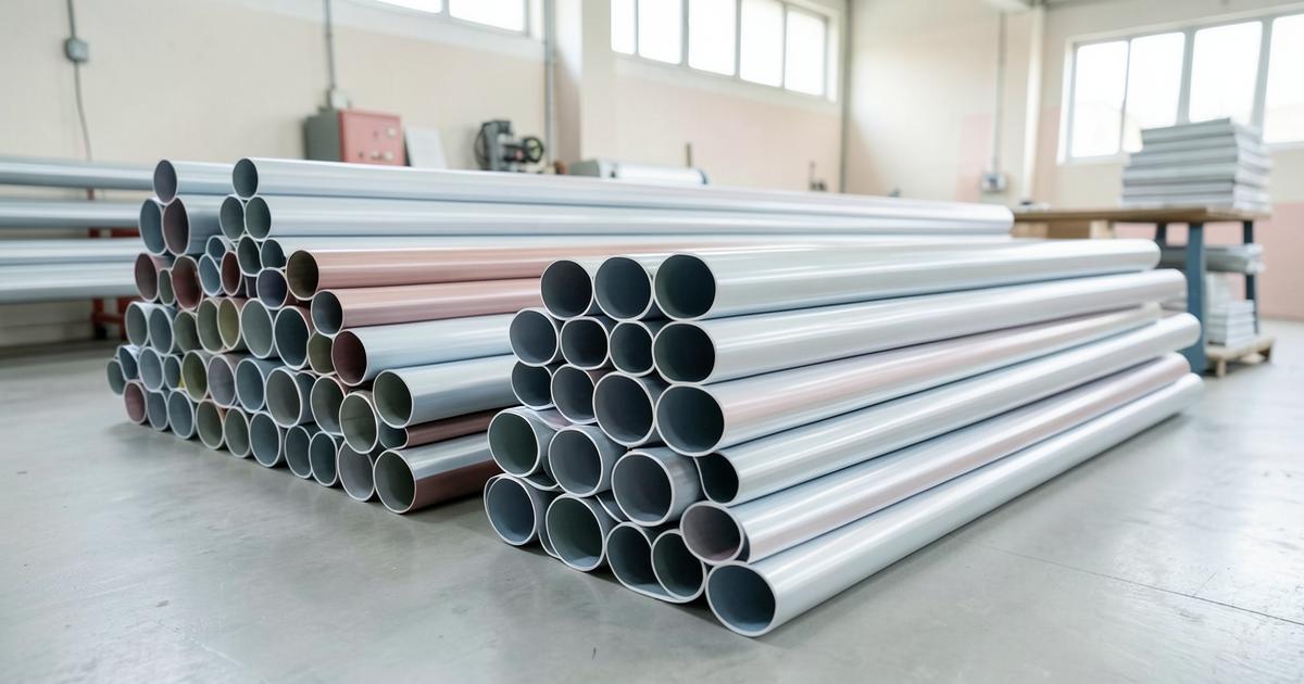 Profielen & buizen — gelakte aluminium en stalen profielen en buizen in een atelier
